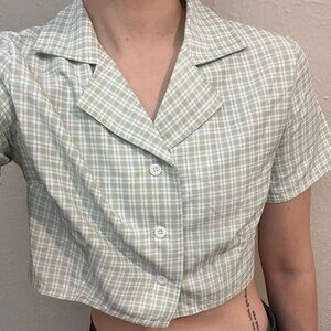 Romwe Light Green Checkered Crop Top Button Down Tee